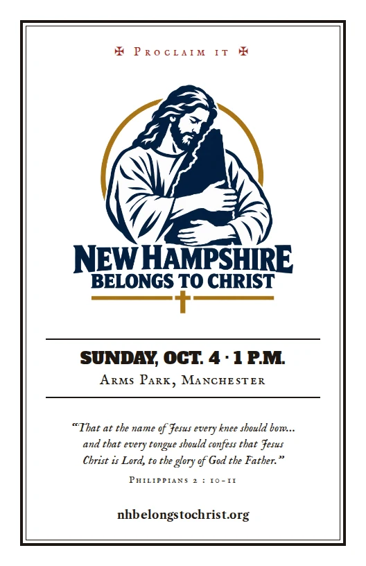 The flyer: Proclaim it. Sunday, Oct. 4, 1 P.M., Arms Park, Manchester. Philippians 2:10-11. nhbelongstochrist.org